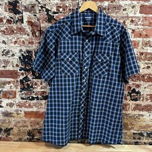 Wrangler Shirt Mens 2XLT Short Sleeve Button Pocket Rockabilly Western Snap Blue